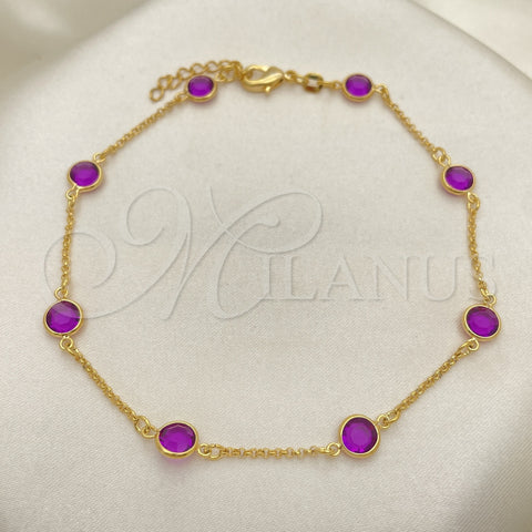 Oro Laminado Basic Anklet, Gold Filled Style Paperclip Design, with Amethyst Crystal, Polished, Golden Finish, 03.02.0088.10 (01 MM Thickness, 10 Inches Length)