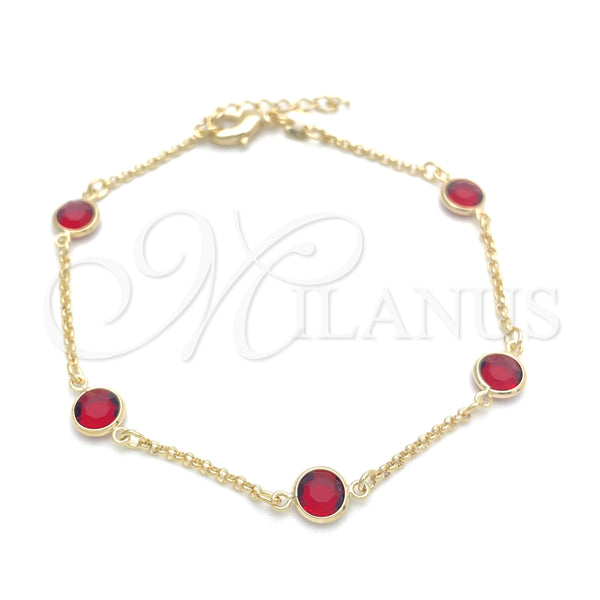 Oro Laminado Basic Bracelet, Gold Filled Style Paperclip Design, with Ruby Crystal, Polished, Golden Finish, 03.02.0089.07 (01 MM Thickness, 7 Inches Length)