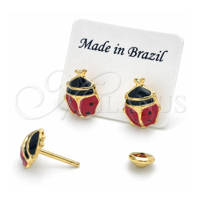 Oro Laminado Stud Earring, Gold Filled Style Ladybug Design, Red Enamel Finish, Golden Finish, 02.02.0501