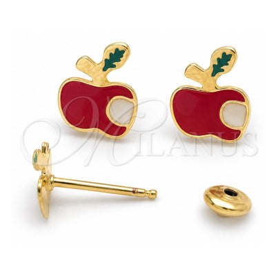 Oro Laminado Stud Earring, Gold Filled Style Apple Design, Red Enamel Finish, Golden Finish, 02.02.0502