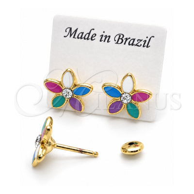 Oro Laminado Stud Earring, Gold Filled Style Flower Design, Multicolor Enamel Finish, Golden Finish, 02.02.0504