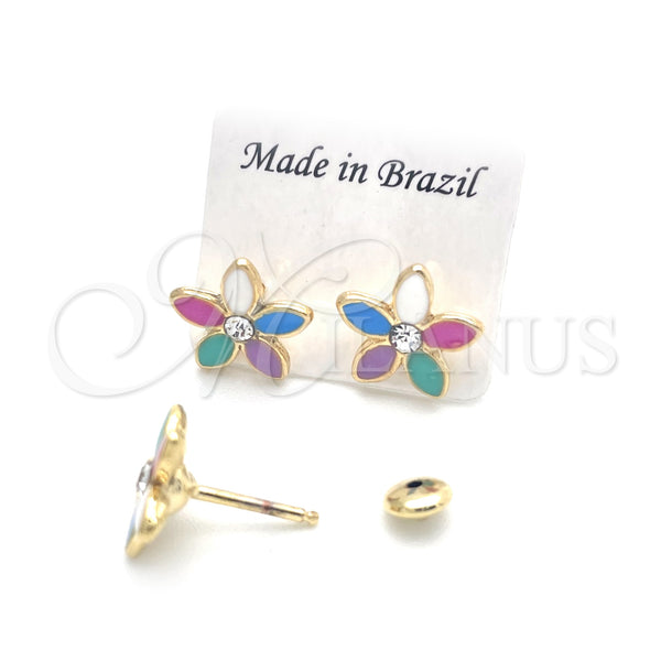 Oro Laminado Stud Earring, Gold Filled Style Flower Design, Multicolor Enamel Finish, Golden Finish, 02.02.0504