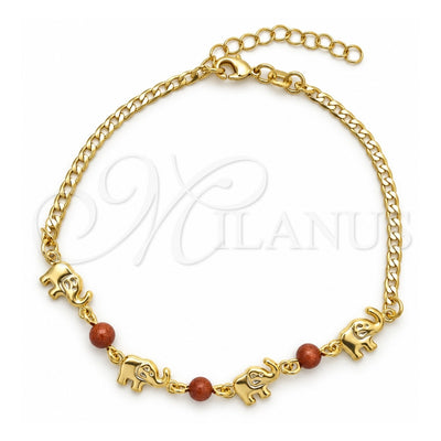 Oro Laminado Basic Bracelet, Gold Filled Style Curb and Elephant Design, with Brown Goldstone Venturina, Polished, Golden Finish, 03.02.0094.07 (01 MM Thickness, 7 Inches Length)
