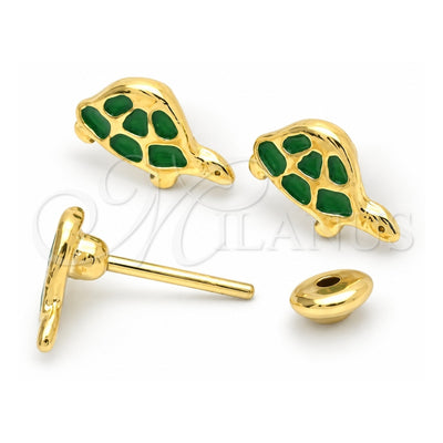 Oro Laminado Stud Earring, Gold Filled Style Turtle Design, Green Enamel Finish, Golden Finish, 02.02.0505