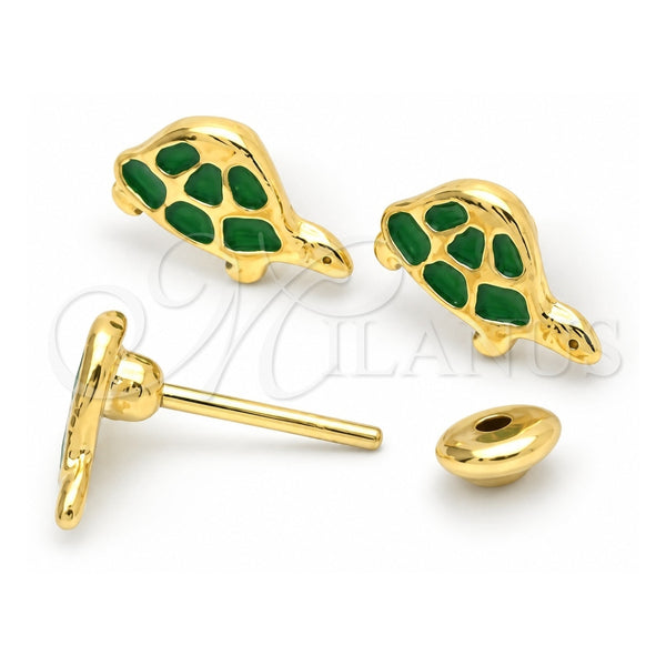 Oro Laminado Stud Earring, Gold Filled Style Turtle Design, Green Enamel Finish, Golden Finish, 02.02.0505