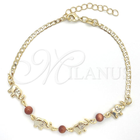Oro Laminado Basic Anklet, Gold Filled Style Elephant and Curb Design, with Brown Goldstone Venturina, Polished, Golden Finish, 03.02.0094.10 (01 MM Thickness, 10 Inches Length)