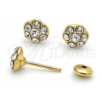 Oro Laminado Stud Earring, Gold Filled Style Flower Design, with White Crystal, White Polished, Golden Finish, 02.02.0506
