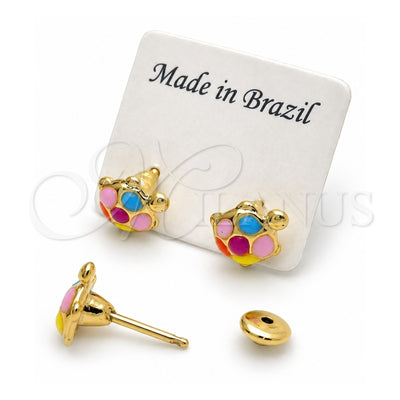 Oro Laminado Stud Earring, Gold Filled Style Turtle Design, Multicolor Enamel Finish, Golden Finish, 02.02.0508