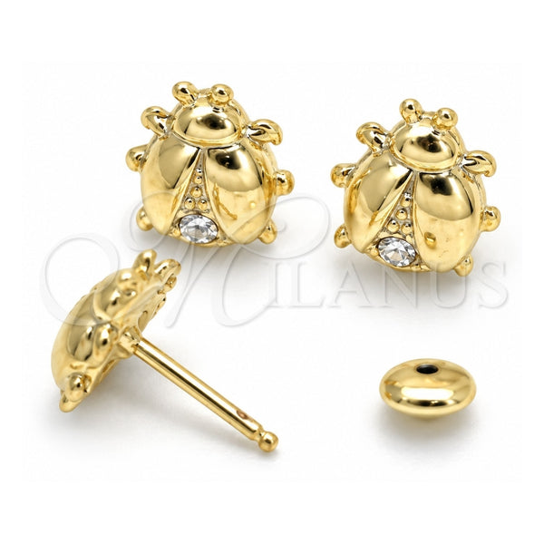 Oro Laminado Stud Earring, Gold Filled Style Ladybug Design, with White Crystal, Multicolor Polished, Golden Finish, 02.02.0509