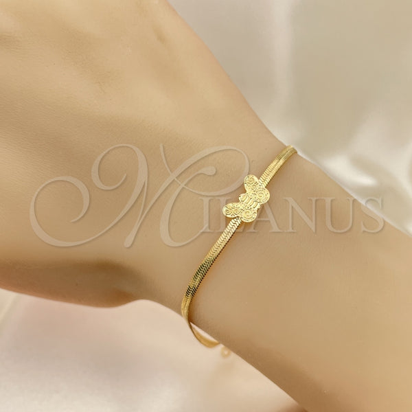 Oro Laminado Basic Bracelet, Gold Filled Style Herringbone and Butterfly Design, Polished, Golden Finish, 03.02.0098.07 (02 MM Thickness, 7 Inches Length)