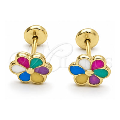 Oro Laminado Stud Earring, Gold Filled Style Flower Design, Multicolor Enamel Finish, Golden Finish, 02.02.0511