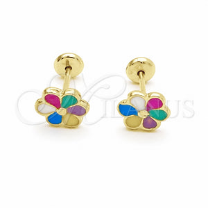 Oro Laminado Stud Earring, Gold Filled Style Flower Design, Multicolor Enamel Finish, Golden Finish, 02.02.0511