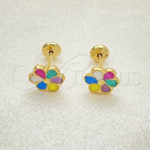 Oro Laminado Stud Earring, Gold Filled Style Flower Design, Multicolor Enamel Finish, Golden Finish, 02.02.0511