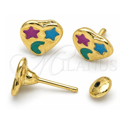 Oro Laminado Stud Earring, Gold Filled Style Heart Design, Multicolor Enamel Finish, Golden Finish, 02.02.0512