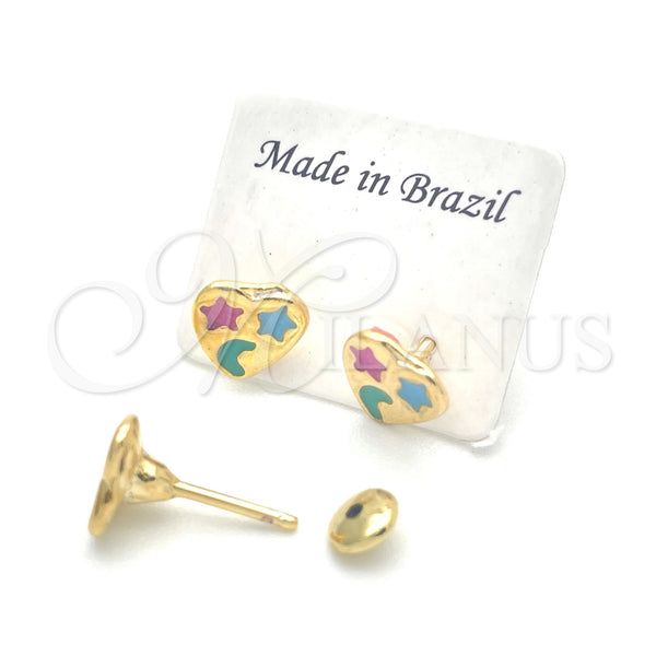 Oro Laminado Stud Earring, Gold Filled Style Heart Design, Multicolor Enamel Finish, Golden Finish, 02.02.0512
