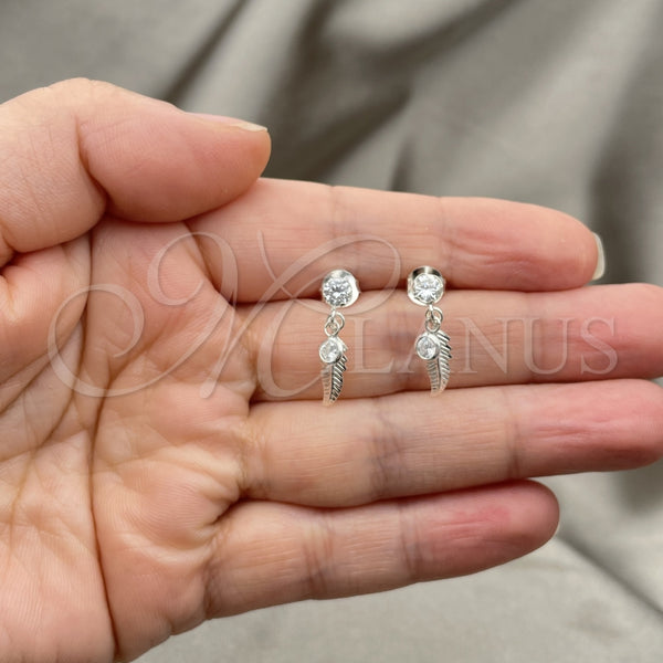 Sterling Silver Dangle Earring, Leaf Design, with White Cubic Zirconia, Polished, Silver Finish, 02.401.0071