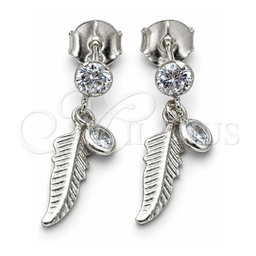 Sterling Silver Dangle Earring, Leaf Design, with White Cubic Zirconia, Polished, Silver Finish, 02.401.0071