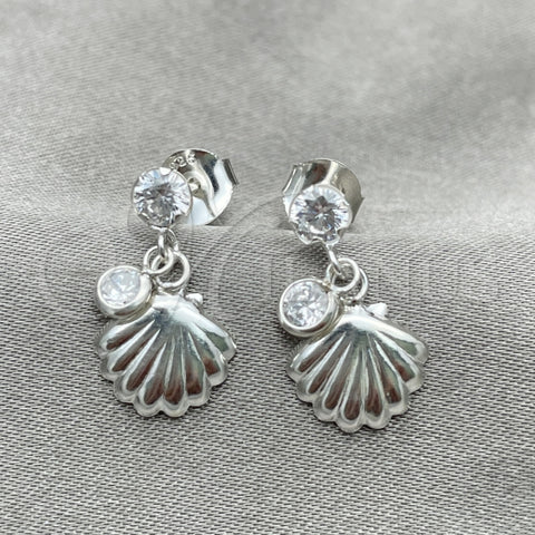 Sterling Silver Dangle Earring, Shell Design, with White Cubic Zirconia, Polished, Silver Finish, 02.401.0075