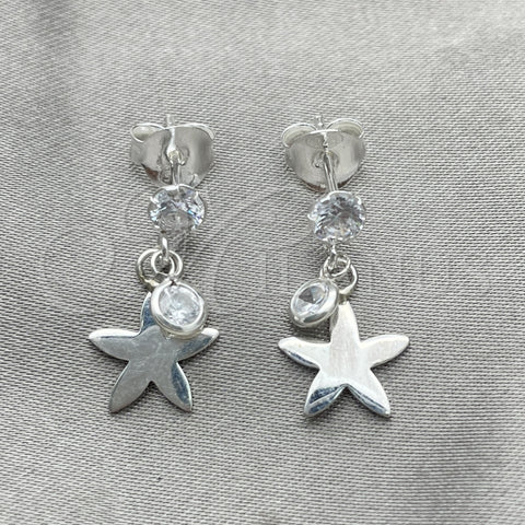 Sterling Silver Dangle Earring, Flower Design, with White Cubic Zirconia, Polished, Silver Finish, 02.401.0076