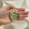 Oro Laminado Religious Pendant, Gold Filled Style Centenario Coin and Greek Key Design, with White and Garnet Cubic Zirconia, Polished, Golden Finish, 05.26.0043.1