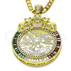 Oro Laminado Religious Pendant, Gold Filled Style Centenario Coin and Greek Key Design, with White and Garnet Cubic Zirconia, Polished, Golden Finish, 05.26.0043.1