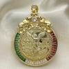 Oro Laminado Religious Pendant, Gold Filled Style Centenario Coin and Greek Key Design, with White and Garnet Cubic Zirconia, Polished, Golden Finish, 05.26.0043.1