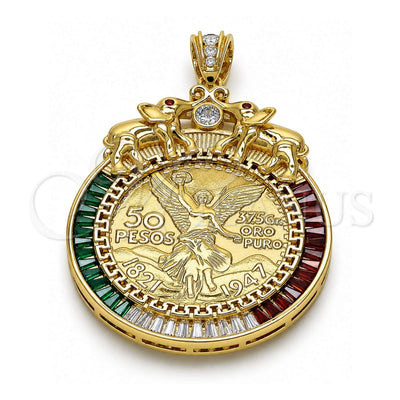 Oro Laminado Religious Pendant, Gold Filled Style Centenario Coin and Greek Key Design, with White and Garnet Cubic Zirconia, Polished, Golden Finish, 05.26.0043.1