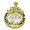 Oro Laminado Religious Pendant, Gold Filled Style Centenario Coin and Greek Key Design, with White and Garnet Cubic Zirconia, Polished, Golden Finish, 05.26.0043.1