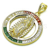 Oro Laminado Religious Pendant, Gold Filled Style Guadalupe and Baguette Design, with Garnet and White Cubic Zirconia, Polished, Golden Finish, 05.253.0177