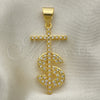 Oro Laminado Religious Pendant, Gold Filled Style Cross and Money Sign Design, with White Micro Pave, Polished, Golden Finish, 05.342.0152