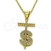 Oro Laminado Religious Pendant, Gold Filled Style Cross and Money Sign Design, with White Micro Pave, Polished, Golden Finish, 05.342.0152