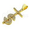 Oro Laminado Religious Pendant, Gold Filled Style Cross and Money Sign Design, with White Micro Pave, Polished, Golden Finish, 05.342.0152