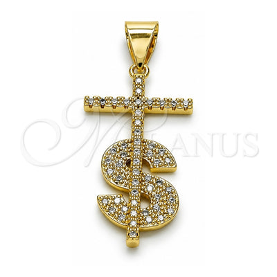Oro Laminado Religious Pendant, Gold Filled Style Cross and Money Sign Design, with White Micro Pave, Polished, Golden Finish, 05.342.0152