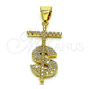 Oro Laminado Religious Pendant, Gold Filled Style Cross and Money Sign Design, with White Micro Pave, Polished, Golden Finish, 05.342.0152