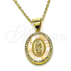 Oro Laminado Religious Pendant, Gold Filled Style Guadalupe Design, with White Micro Pave and Ivory Mother of Pearl, Polished, Golden Finish, 05.342.0153