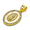 Oro Laminado Religious Pendant, Gold Filled Style Guadalupe Design, with White Micro Pave and Ivory Mother of Pearl, Polished, Golden Finish, 05.342.0153