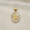 Oro Laminado Religious Pendant, Gold Filled Style Guadalupe Design, with White Micro Pave and Ivory Mother of Pearl, Polished, Golden Finish, 05.342.0153