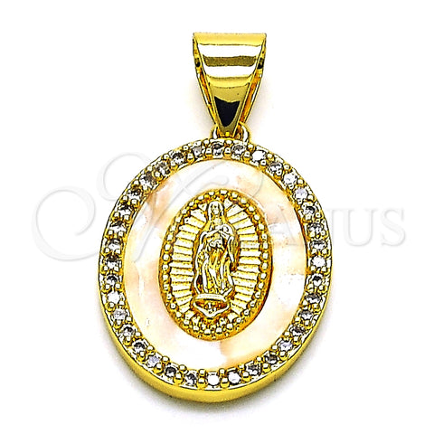 Oro Laminado Religious Pendant, Gold Filled Style Guadalupe Design, with White Micro Pave and Ivory Mother of Pearl, Polished, Golden Finish, 05.342.0153