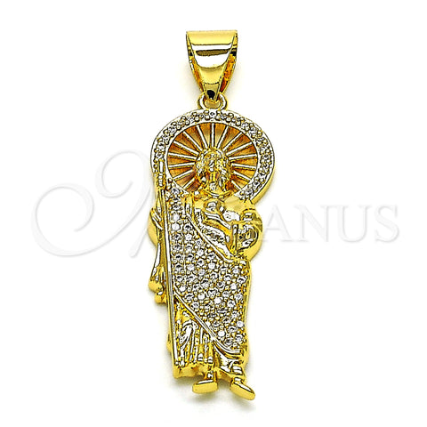 Oro Laminado Religious Pendant, Gold Filled Style San Judas Design, with White Micro Pave, Polished, Golden Finish, 05.342.0156