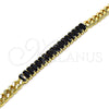 Oro Laminado Fancy Bracelet, Gold Filled Style Baguette and Miami Cuban Design, with Black Cubic Zirconia, Polished, Golden Finish, 03.283.0093.1.07 (05 MM Thickness, 7 Inches Length)