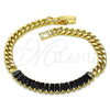 Oro Laminado Fancy Bracelet, Gold Filled Style Baguette and Miami Cuban Design, with Black Cubic Zirconia, Polished, Golden Finish, 03.283.0093.1.07 (05 MM Thickness, 7 Inches Length)