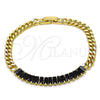 Oro Laminado Fancy Bracelet, Gold Filled Style Baguette and Miami Cuban Design, with Black Cubic Zirconia, Polished, Golden Finish, 03.283.0093.1.07 (05 MM Thickness, 7 Inches Length)