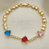Oro Laminado Fancy Bracelet, Gold Filled Style Heart Design, with Multicolor Cubic Zirconia, Polished, Golden Finish, 03.283.0283.07 (06 MM Thickness, 7 Inches Length)