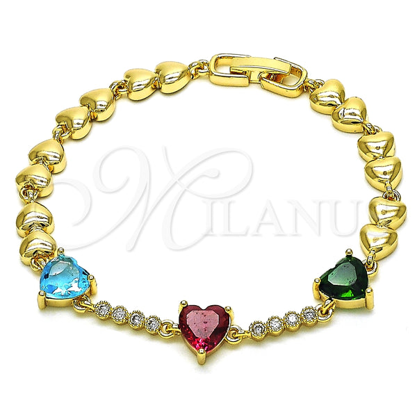 Oro Laminado Fancy Bracelet, Gold Filled Style Heart Design, with Multicolor Cubic Zirconia, Polished, Golden Finish, 03.283.0283.07 (06 MM Thickness, 7 Inches Length)