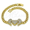 Oro Laminado Fancy Bracelet, Gold Filled Style Heart and Wings Design, with White Micro Pave, Polished, Golden Finish, 03.283.0284.07 (05 MM Thickness, 7 Inches Length)
