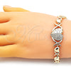 Oro Laminado Fancy Bracelet, Gold Filled Style Hugs and Kisses and Heart Design, with White Micro Pave and White Cubic Zirconia, Polished, Golden Finish, 03.283.0286.07 (08 MM Thickness, 7 Inches Length)