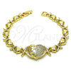 Oro Laminado Fancy Bracelet, Gold Filled Style Hugs and Kisses and Heart Design, with White Micro Pave and White Cubic Zirconia, Polished, Golden Finish, 03.283.0286.07 (08 MM Thickness, 7 Inches Length)