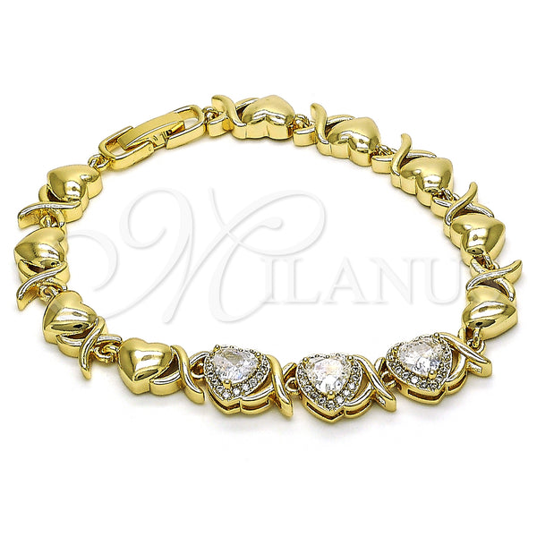 Oro Laminado Fancy Bracelet, Gold Filled Style Hugs and Kisses and Heart Design, with White Cubic Zirconia and White Micro Pave, Polished, Golden Finish, 03.283.0287.07 (08 MM Thickness, 7 Inches Length)