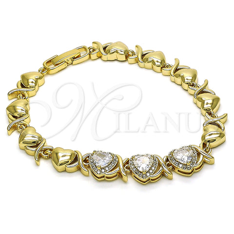 Oro Laminado Fancy Bracelet, Gold Filled Style Hugs and Kisses and Heart Design, with White Cubic Zirconia and White Micro Pave, Polished, Golden Finish, 03.283.0287.07 (08 MM Thickness, 7 Inches Length)