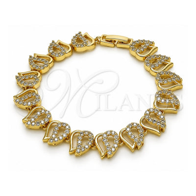 Oro Laminado Fancy Bracelet, Gold Filled Style Heart Design, with White Micro Pave, Polished, Golden Finish, 03.346.0017.07 (11 MM Thickness, 7 Inches Length)